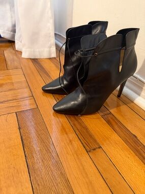 Jimmy Choo Black Pointed Leather Ankle Booties with Side Cutouts